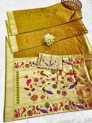 Gold zari woven paithani silk traditional saree with swarovski blouse piece 5