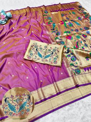 Pink zari woven paithani silk traditional saree with swarovski blouse piece 1