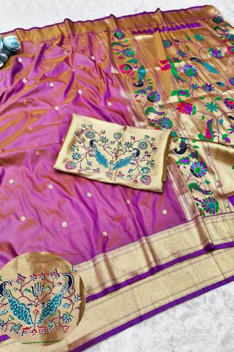Pink zari woven paithani silk traditional saree with swarovski blouse piece