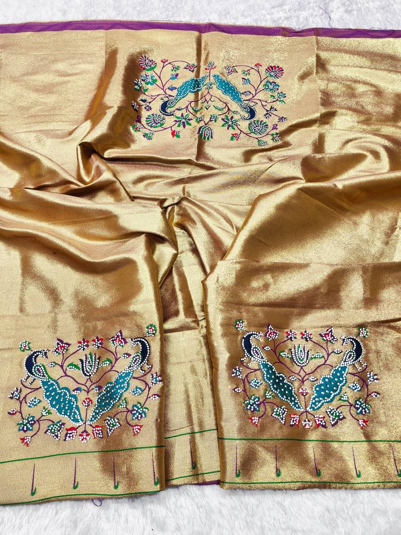 Pink zari woven paithani silk traditional saree with swarovski blouse piece