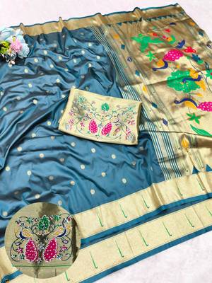 Firozi zari woven paithani silk traditional saree with swarovski blouse piece 1