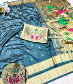 Firozi zari woven paithani silk traditional saree with swarovski blouse piece