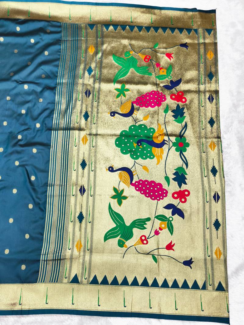 Firozi zari woven paithani silk traditional saree with swarovski blouse piece