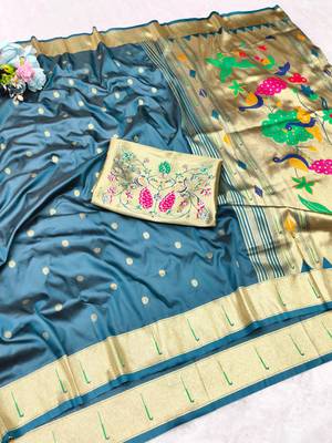 Firozi zari woven paithani silk traditional saree with swarovski blouse piece 4