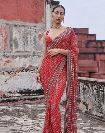 Orange Color Beautiful katdana and real mirror work Fox Georgette Saree