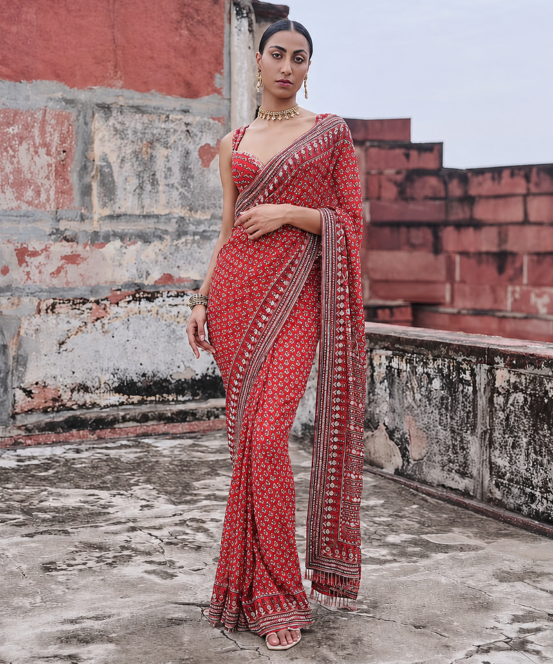 Orange Color Beautiful katdana and real mirror work Fox Georgette Saree