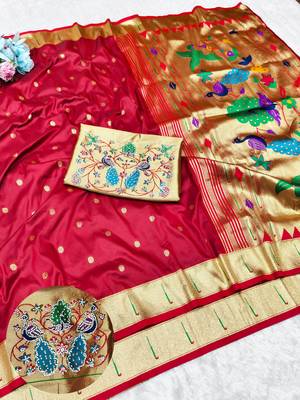 Maroon zari woven paithani silk traditional saree with swarovski blouse piece 1