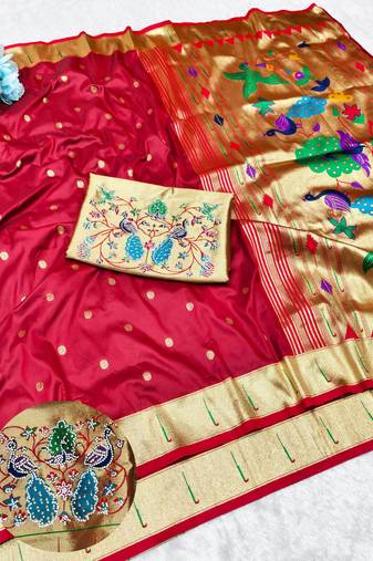 Maroon zari woven paithani silk traditional saree with swarovski blouse piece
