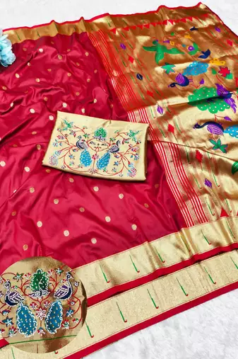 Maroon zari woven paithani silk traditional saree with swarovski blouse piece