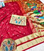 Maroon zari woven paithani silk traditional saree with swarovski blouse piece