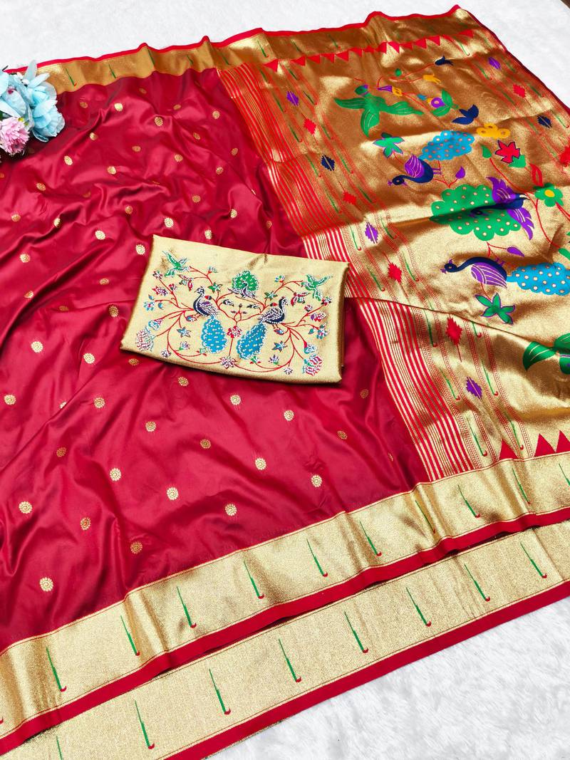 Maroon zari woven paithani silk traditional saree with swarovski blouse piece