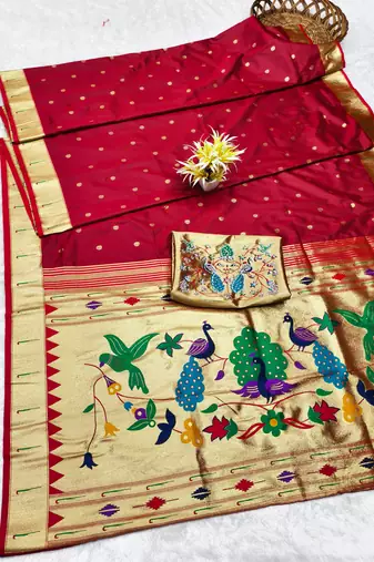 Maroon zari woven paithani silk traditional saree with swarovski blouse piece
