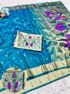 Rama zari woven paithani silk traditional saree with swarovski blouse piece 1