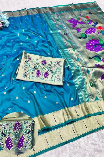 Rama zari woven paithani silk traditional saree with swarovski blouse piece
