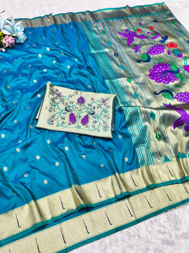 Rama zari woven paithani silk traditional saree with swarovski blouse piece