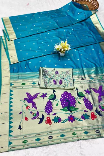 Rama zari woven paithani silk traditional saree with swarovski blouse piece
