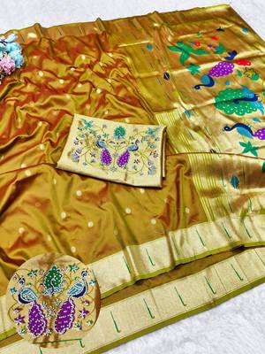 Gold zari woven paithani silk traditional saree with swarovski blouse piece 1