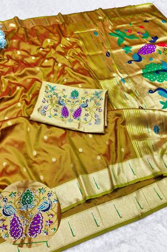 Gold zari woven paithani silk traditional saree with swarovski blouse piece