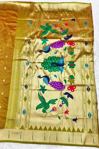 Gold zari woven paithani silk traditional saree with swarovski blouse piece