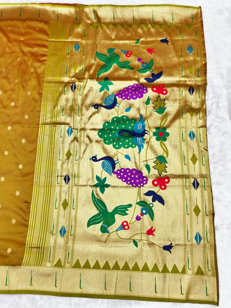 Gold zari woven paithani silk traditional saree with swarovski blouse piece