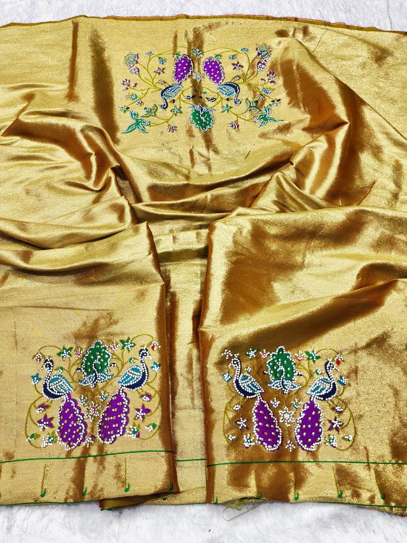 Gold zari woven paithani silk traditional saree with swarovski blouse piece