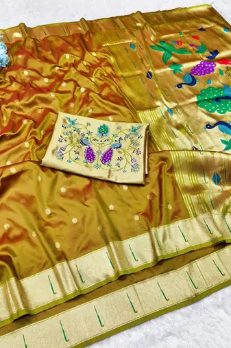 Gold zari woven paithani silk traditional saree with swarovski blouse piece