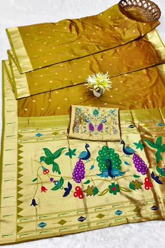 Gold zari woven paithani silk traditional saree with swarovski blouse piece