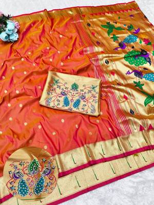 Gajri zari woven paithani silk traditional saree with swarovski blouse piece 1