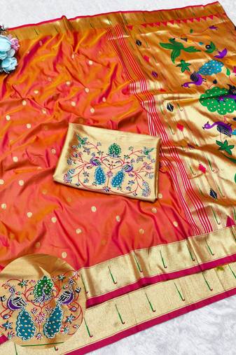 Gajri zari woven paithani silk traditional saree with swarovski blouse piece
