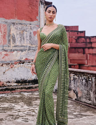 Parrot Green Color Beautiful katdana and real mirror work Fox Georgette Saree