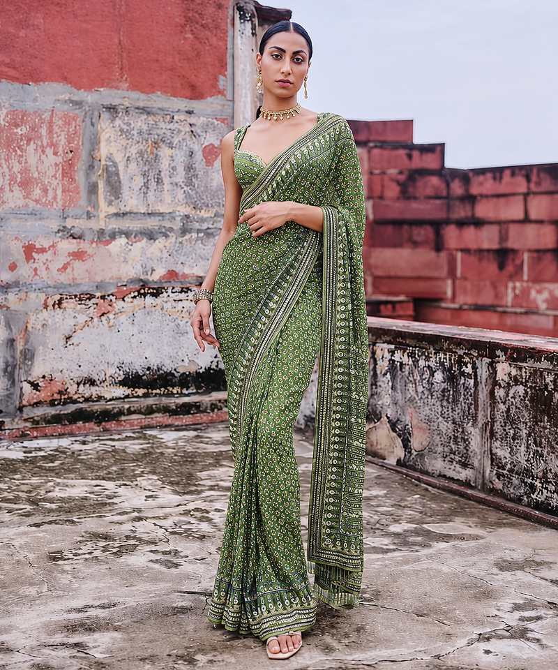Parrot Green Color Beautiful katdana and real mirror work Fox Georgette Saree