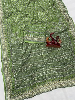 Parrot Green Color Beautiful katdana and real mirror work Fox Georgette Saree 2