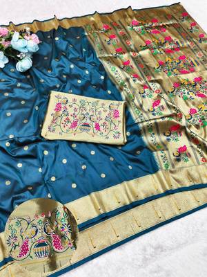 Firozi zari woven paithani silk traditional saree with swarovski blouse piece 1