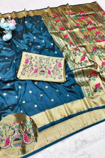 Firozi zari woven paithani silk traditional saree with swarovski blouse piece