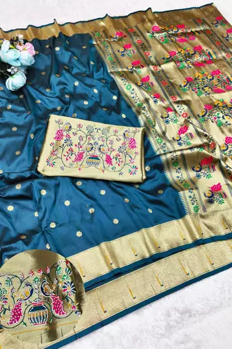 Firozi zari woven paithani silk traditional saree with swarovski blouse piece