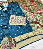 Firozi zari woven paithani silk traditional saree with swarovski blouse piece