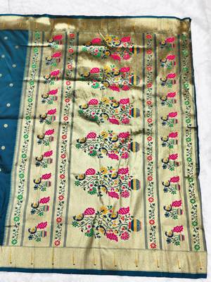 Firozi zari woven paithani silk traditional saree with swarovski blouse piece 2