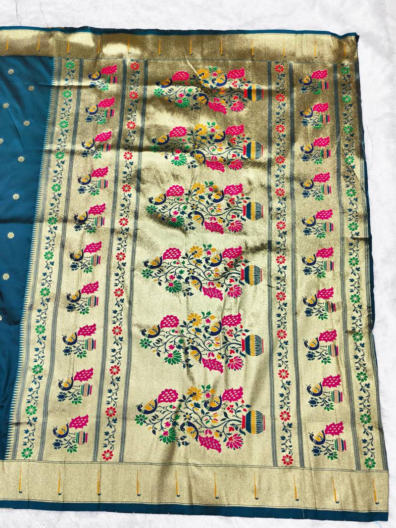 Firozi zari woven paithani silk traditional saree with swarovski blouse piece