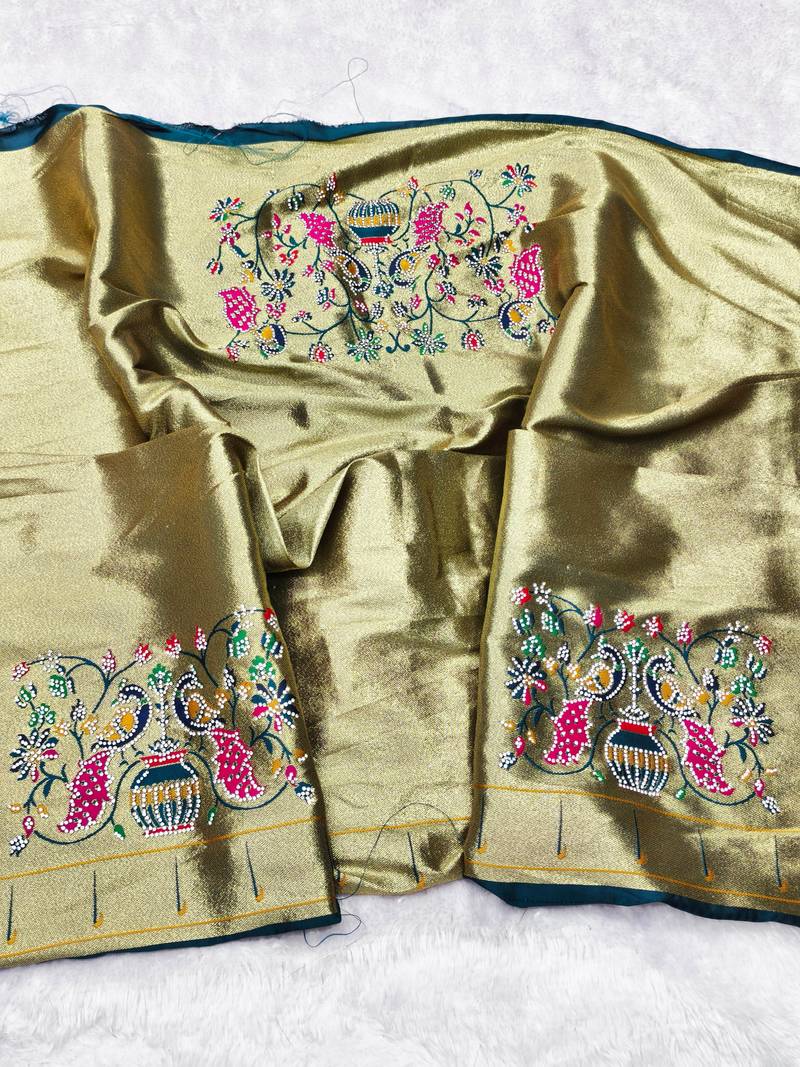 Firozi zari woven paithani silk traditional saree with swarovski blouse piece