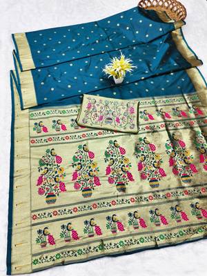 Firozi zari woven paithani silk traditional saree with swarovski blouse piece 5