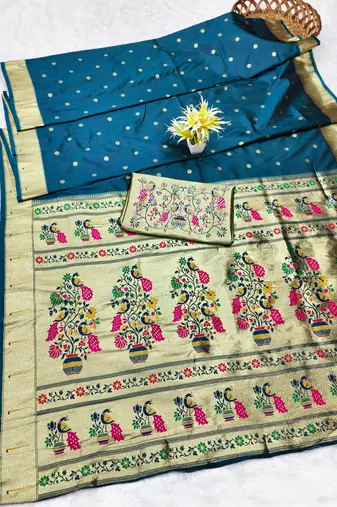 Firozi zari woven paithani silk traditional saree with swarovski blouse piece
