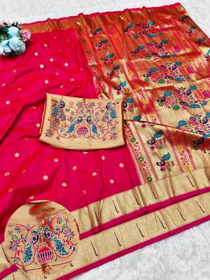 Rani zari woven paithani silk traditional saree with swarovski blouse piece 1