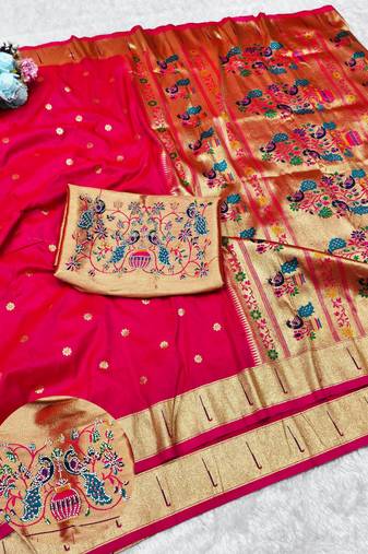 Rani zari woven paithani silk traditional saree with swarovski blouse piece
