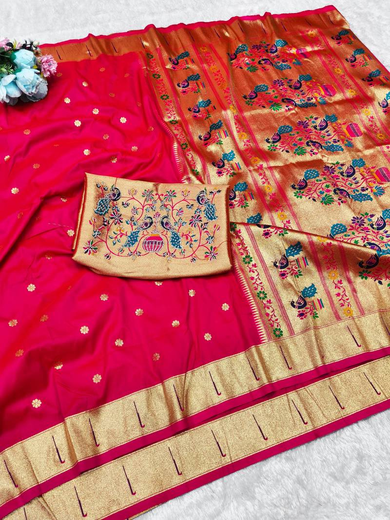 Rani zari woven paithani silk traditional saree with swarovski blouse piece