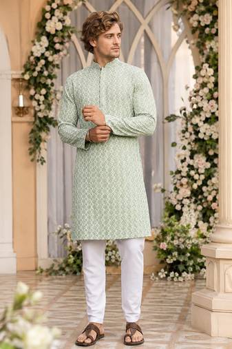 Green lucknowi & sequence work rayon straight kurta