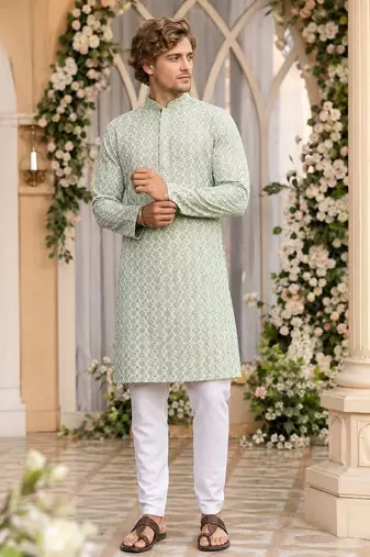 Green lucknowi & sequence work rayon straight kurta