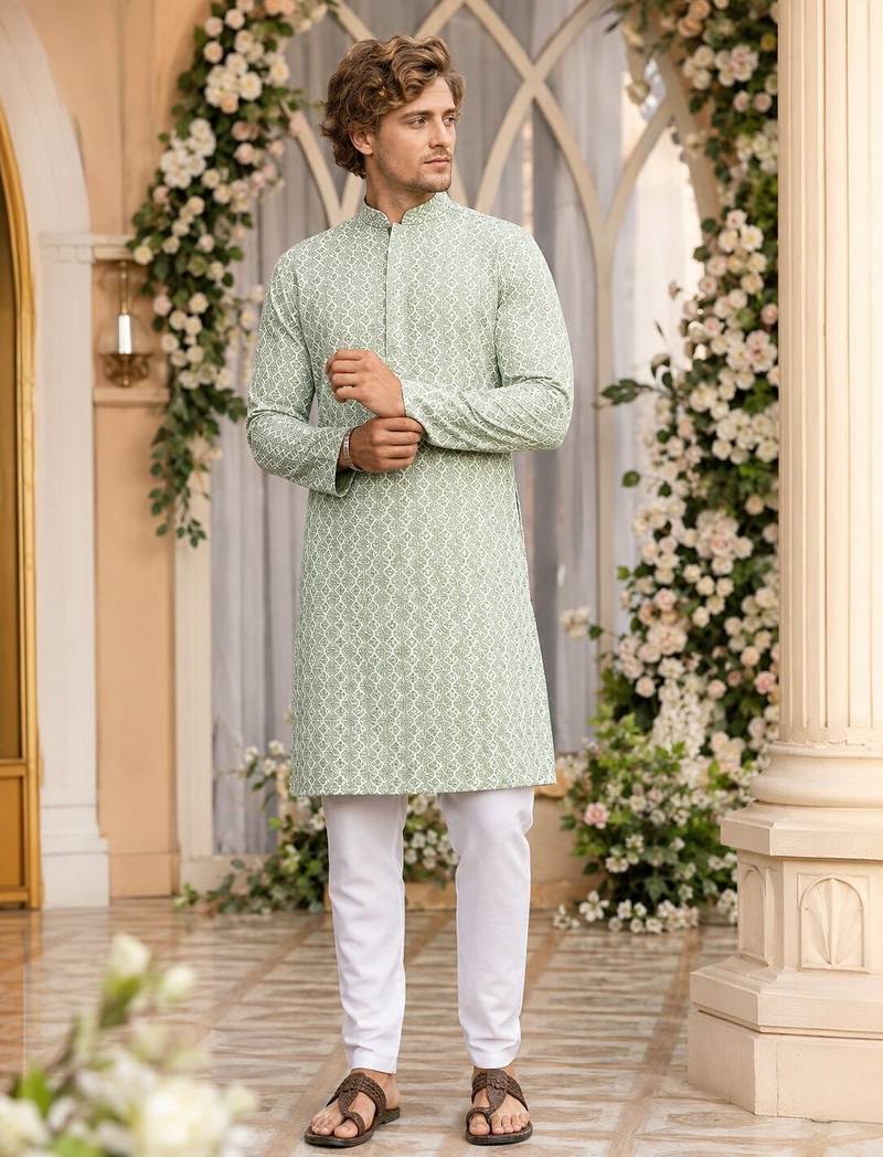 Green lucknowi & sequence work rayon straight kurta