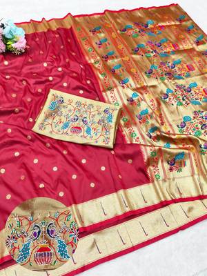Maroon zari woven paithani silk traditional saree with swarovski blouse piece 1