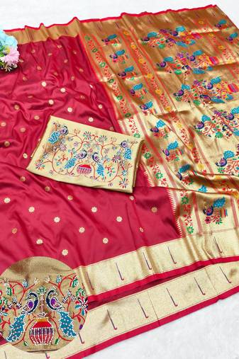 Maroon zari woven paithani silk traditional saree with swarovski blouse piece