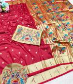 Maroon zari woven paithani silk traditional saree with swarovski blouse piece